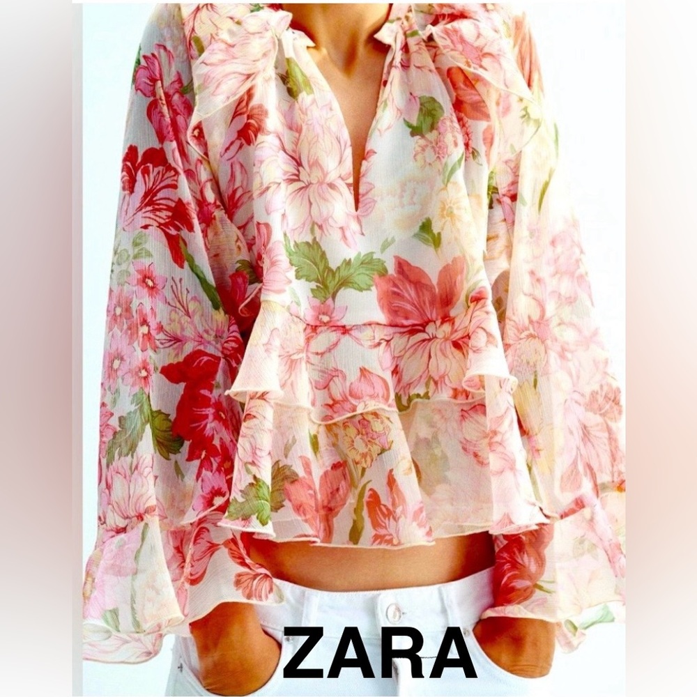 ZARA Floral Chiffon Blouse With Ruffle Trim - Pink and Green - Size M - NEW